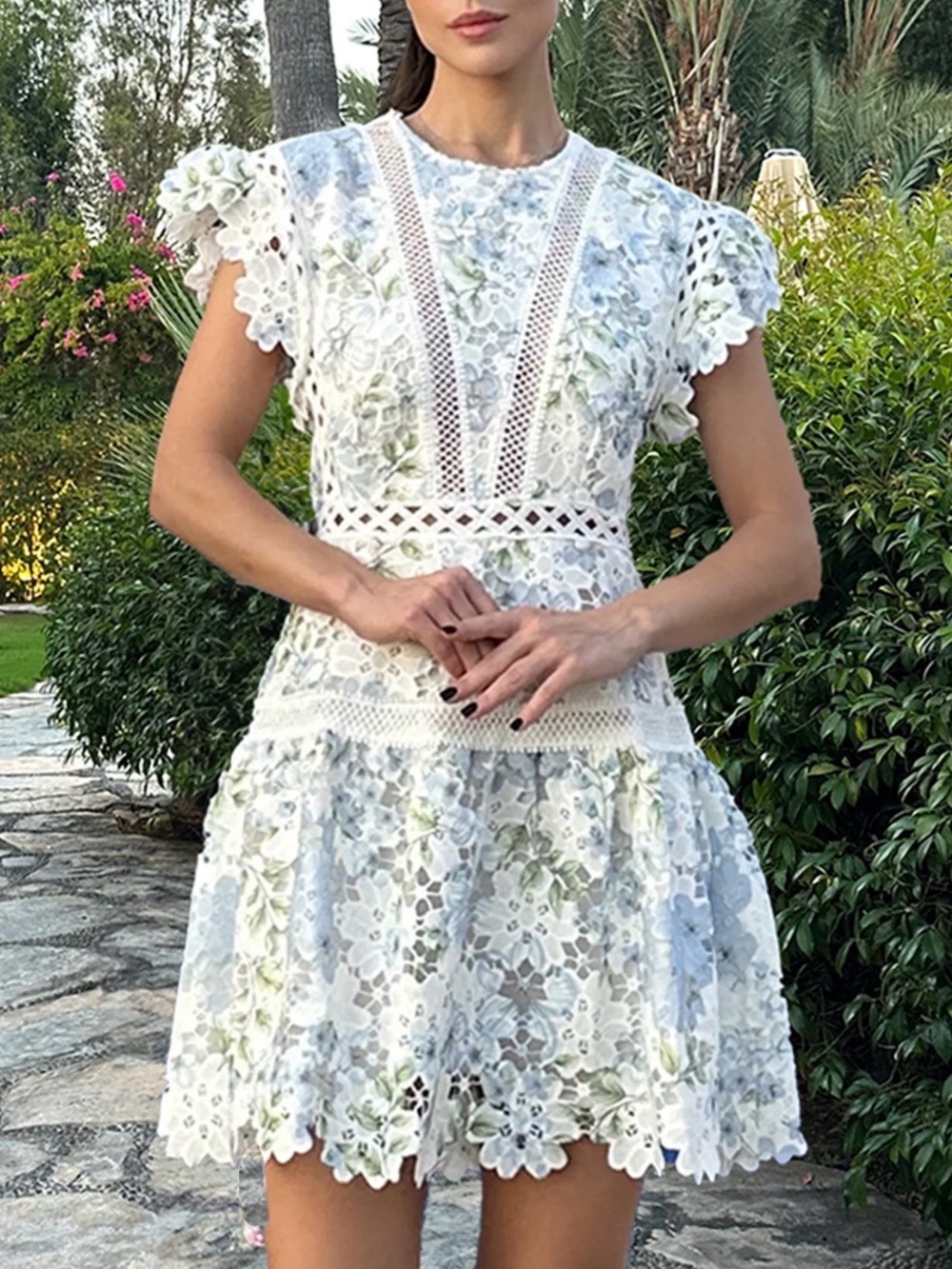 Ina White Floral Lace Mini Dress with Blue and Green Accents
